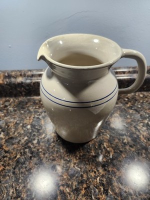 Vtg Yesteryears Marshall Texas Pottery Pitcher Blue Stripes Stoneware 8  Tall