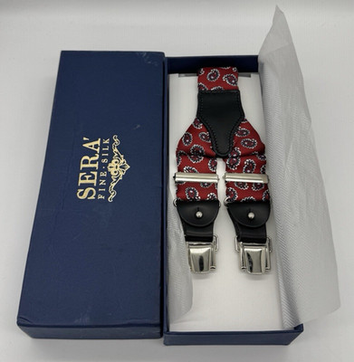 Sera Fine Silk Men's Red Silk Paisley Print Black Leather Silver Suspenders NWT