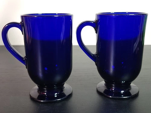Libbey Glass IRISH COFFEE MUGS Cobalt Blue 5" TALL Eight Ounces FOOTED LATTE