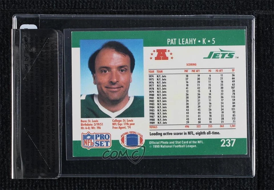 BAS 1990 Pro Set Pat Leahy #237 Seal of Authenticity Auto - Image 2 of 2