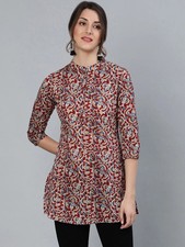 Indian Women Maroon  Cream Cotton Floral Printed Top Tunic Kurta Kurti Dress