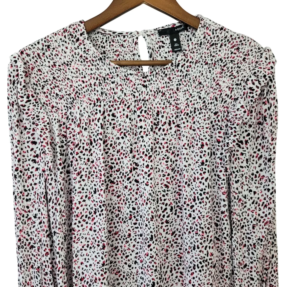 Aqua со сборками леопард печать блузка женщин Sz M белый розовый черный длинным рукавом  - Изображение 3 из 4