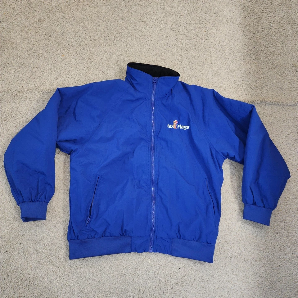 Chaqueta Six Flags Para Hombre Mediana Azul Forrada de Vellón Nylon Cremallera Parque Temático Abrigo Foto 2 de 4
