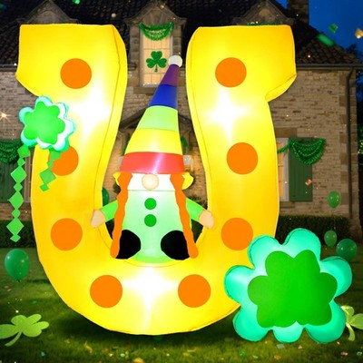 4.9FT St Patricks Day Inflatables Outdoor Decorations Blow Up Gnome Sits on L...