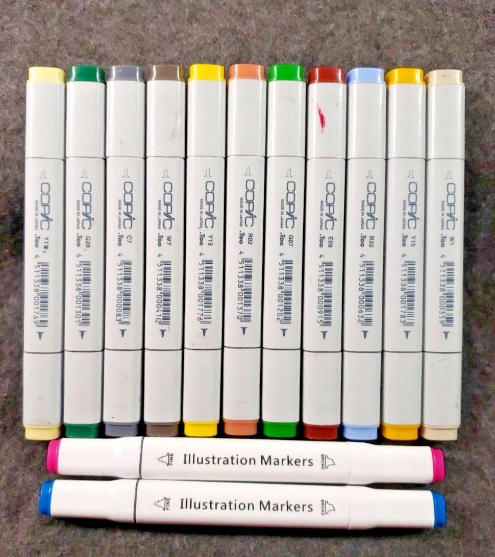 Copic150本＋ミリペンまとめ売り COPIC MARKERS Set Used 11x Yellow, Red, Blue, Green+2