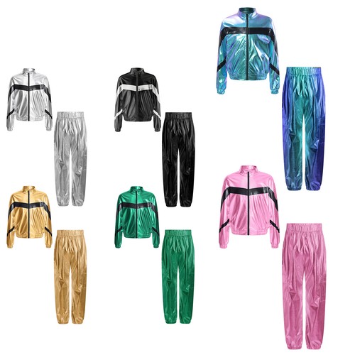 Girl Jazz Hip Hop Street Dance Outfit Metallic Bomber Jacket with Sweatpants Set - Picture 4 of 32