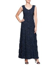 ALEX EVENINGS Navy Blue Silver Metallic Lace Beaded Floral Rosette Gown Dress 8