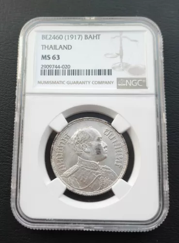 THAILAND 1 BAHT 2460 1917 RAMA VI "SHORT TAIL; SMALL DOT" SILVER NGC MS63