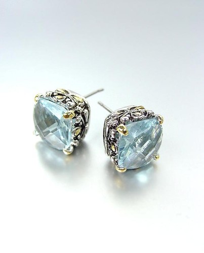 Designer PETITE Silver Gold Balinese Filigree Aqua Blue CZ Crystal Earrings - Picture 2 of 2