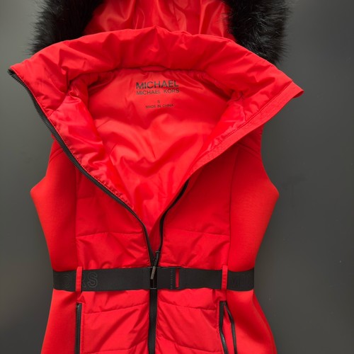 Michael Kors Red Belted Full Zip Vest Removable Faux Fur Trim Quilted Gilet S - Picture 13 of 18