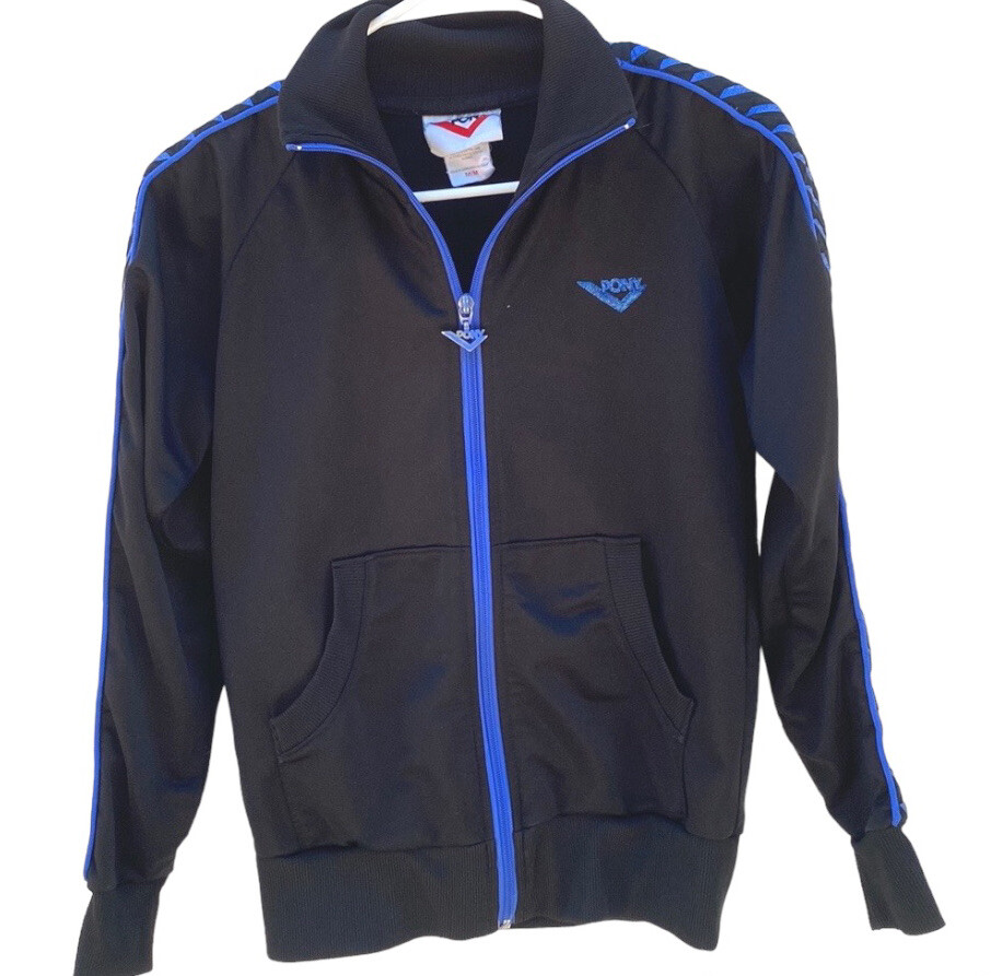 Giacca Pony Donna Taglia Media Traccia Nero E Blu Cappotto Con Cerniera Con Logo Vintage