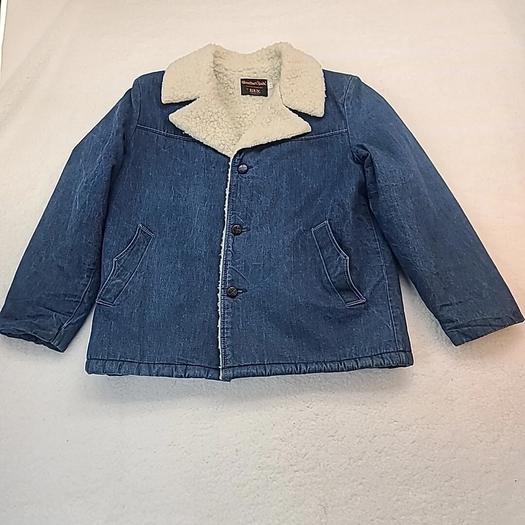 Weather Jack Sportswear Jacket Men 44 Blue Denim Sherpa Lined By ELY Trucker VTG