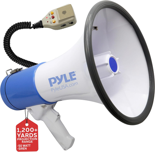 Megaphone PA Bullhorn Speaker - Built-In Siren 50 Watts Rechargeable Battery- 10