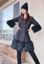 Mango Navy & Black Jacquard Polka Dot Textured Faux Fur Trim Jacket Coat S M