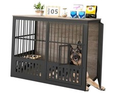 48 Inch XL Dog Crate Furniture, Wooden Chewproof 48in Grey with Window & Bowls