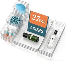 27 Pack Clear Plastic Drawer Organizer Set - 4 Sizes Makeup Vanity Organizer