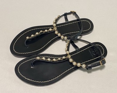 Tory Burch Emmy Pearl Black All Leather Buckle Women s Thong Sandals Size 9.5M