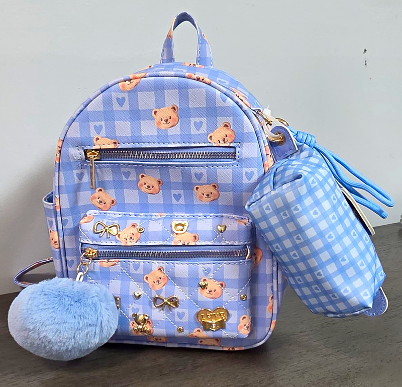 Under One Sky Girls Blue Checkered Bear Mini Backpack Faux Leather Zip, Pockets