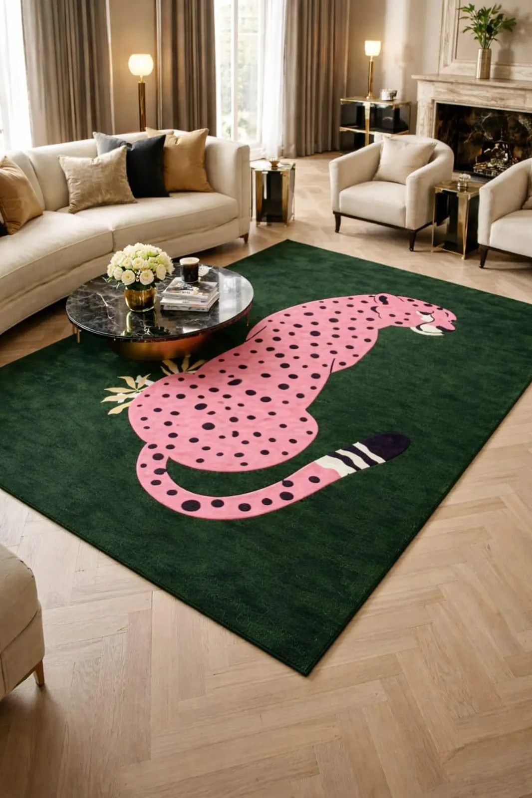 Pink Leopard Area Rug 9x12ft, Modern Animal Art Rug, Playful Cheetah Carpet
