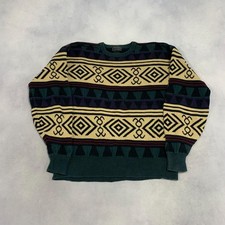 Vintage Abstract Knitted Jumper Patterned Grandad Chunky Knit Sweater Men's L