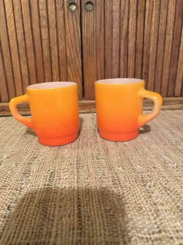 Vintage Fire King Orange Ombre Mug Set of 2 Stackable 8 oz Coffee Anchor Hocking