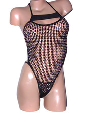 New One piece semi sheer mesh thong bodysuit rhinestone bling cover all Black