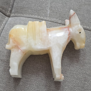Stone Carved Donkey Mule Figurine, White Cream Pink Tones Stone Sculpture