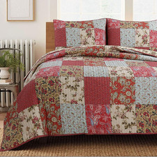 3-Piece Country Floral Paisley Red Blue Khaki Patchwork Cotton Queen Quilt Beddi