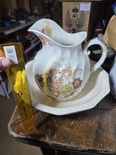 Vintage Ceramic Pitcher & Wash Basin Set - Floral Swirl Design - USA Pottery