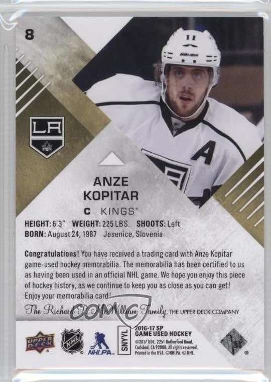 2016-17 SP Game Used Gold Material Anze Kopitar #8 - Image 2 of 2