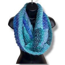 Blue Teal Colorblock Infinity Scarf Crochet Knit Cottagecore Soft Comfortable