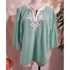 Talbots Womens Embroidered 100% Cotton Peasant Top Size MP Green Boho Hippie