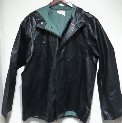 vtg Helly Hansen GREEN VINYL Hood Rain Jacket S 70s PVC Norway P-363 Waterproof