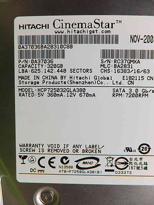 HITACHI HCP725032GLA380 NOV-2009 MLC: BA2831 | P/N: 0A37036 | 320GB