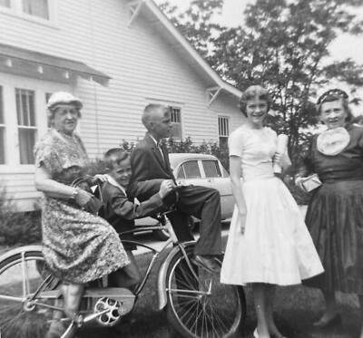 Vintage 1950s Fun Photo Grandma and Boys on Bike Family Dressed in Sunday Best
