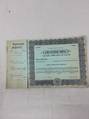 Vintage Stock Certificates Acme Furniture Co. 1940 Lot Of (11) Booklet