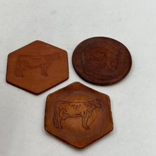 Vintage Hand Tooled Leather Coaster Set of 3 Leather Cow Farmhouse Design MCM