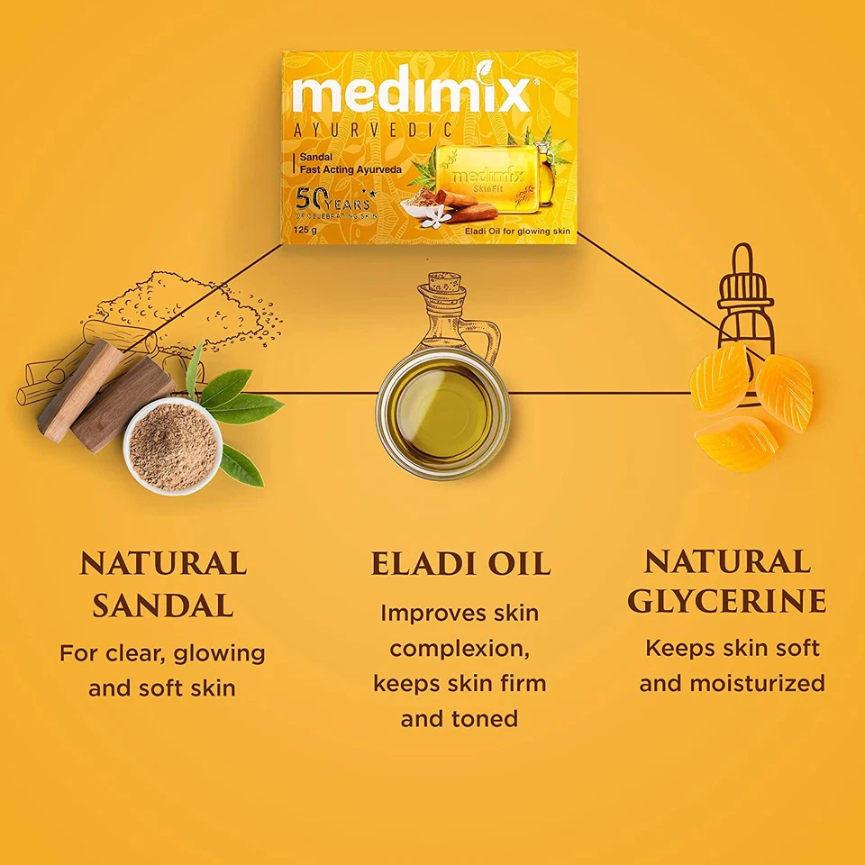 5 X Medimix Ayurvedic Sandal Bathing Soap Bar with Eladi Oil - 125g -Free Ship - Image 2 of 4