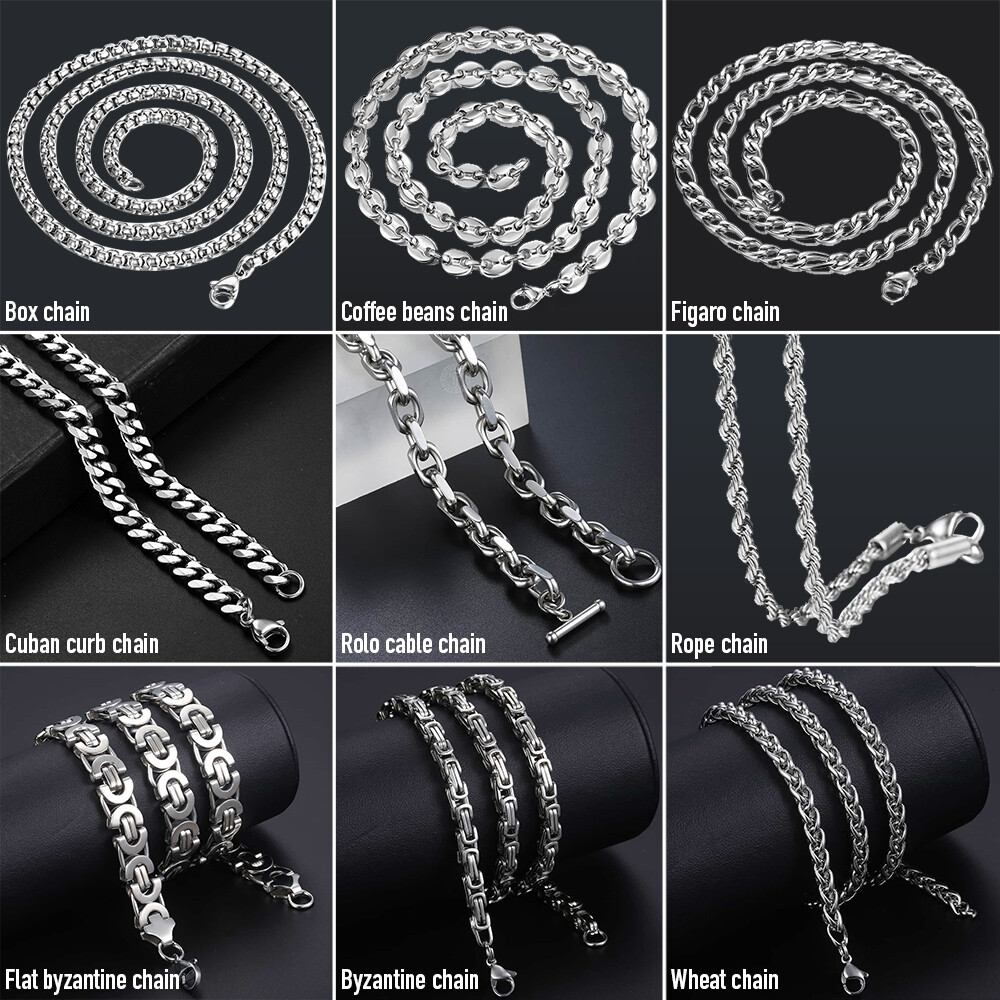 Silver Stainless Steel Link Chain Curb Byzantine Wheat Rope Box Necklace  Unisex