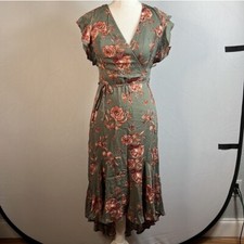 Altar'd State Floral Hi Low Wrap Midi Dress Green Ruffle Tie Waist Small