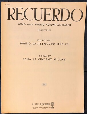rare RECUERDO - MARIOCASTELNUOVO-TEDESCO, EDNA MILLAY   PIANO, VOCAL SHEET MUSIC