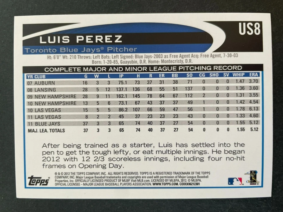 Luis PEREZ 2012 Topps Update Series Baseball #US8 Toronto Blue Jays - Image 2 of 2