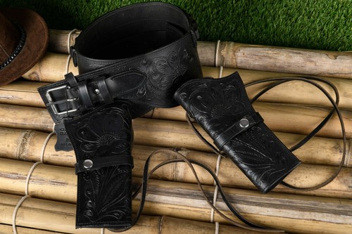 NEW 44/45 Cal Tooled Holster Gun Belt Drop Loop LEATHER Western RIG SASS Cowboy - Picture 22 of 44
