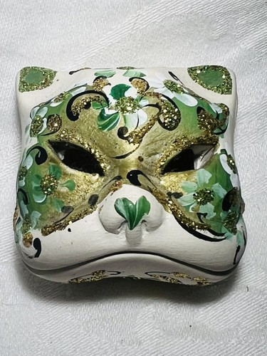 Miniature Cat Trinket Box Venetian Carnevale Made in Italy Green Gold Glitter
