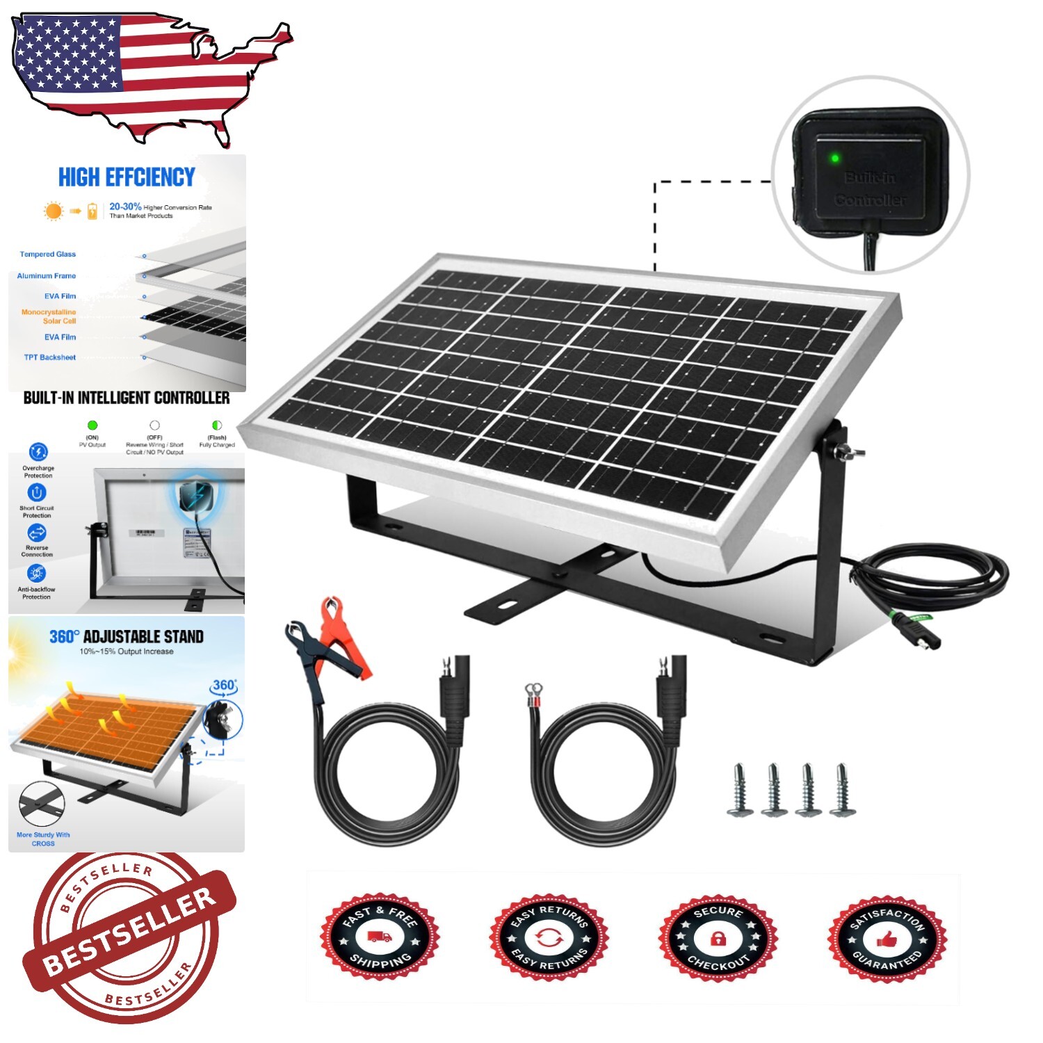 10W Solar Panel Kit with Smart Controller for 12V Battery Charging