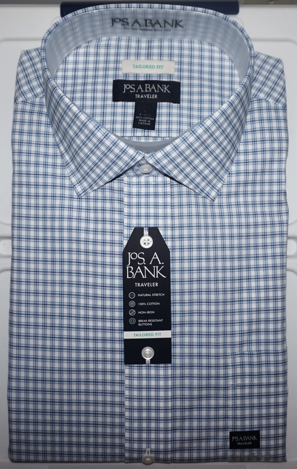 Jos A Bank Traveler Dress Shirt 17 - 34/35 Tailored Fit Navy Check NWT (AG)