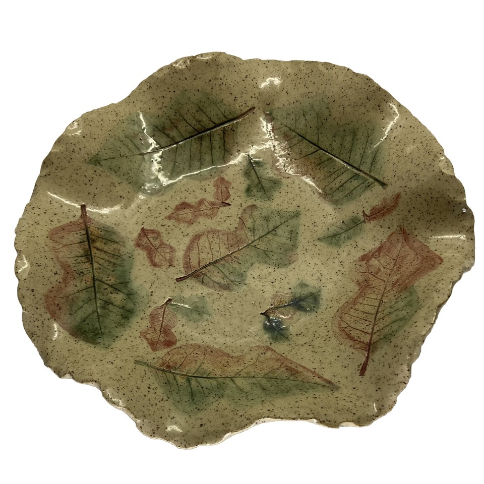 Artisan Pottery Stoneware Ruffled Edge Dish Beige Red Green Leaf Imprints 