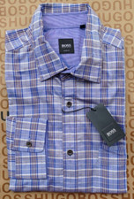 Image of New Hugo BOSS mens blue slim long sleeve casual smart suit checked shirt LARGE