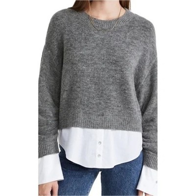 Cinq À Sept Carlota Wool Blend Mixed Media Pullover Sweater Gray White S