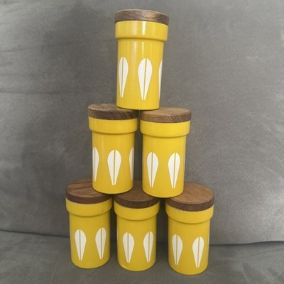 6 Yellow Catherineholm Lotus Spice Jars Mid Century Vintage Marked Japan RARE